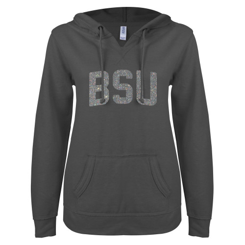  ENZA Womens Dark Heather V Notch Raw Edge Fleece Hoodie - BSU Glitter Silver Soft Glitter