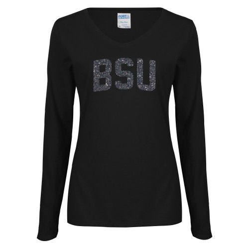  Womens Black Long Sleeve V Neck Tee  - BSU Glitter Graphite Soft Glitter