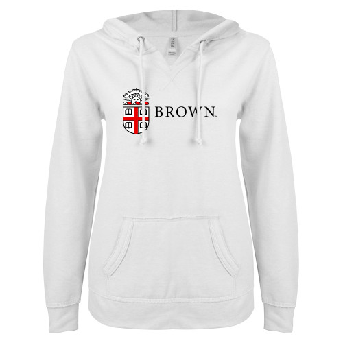  ENZA Womens White V Notch Raw Edge Fleece Hoodie - Flat University Crest
