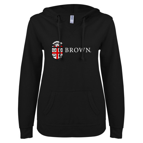  ENZA Womens Black V Notch Raw Edge Fleece Hoodie - Flat University Crest