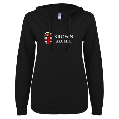  ENZA Womens Black V Notch Raw Edge Fleece Hoodie - Brown Alumni