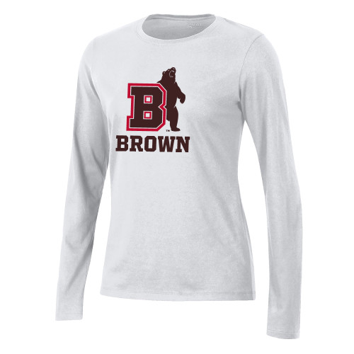  Gear Womens White Long Sleeve Tee - Bear with B over Brown