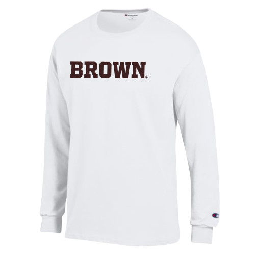  Champion White Long Sleeve T Shirt - Brown Wordmark