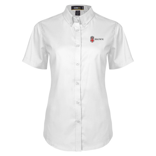  Womens White Twill Button Up Short Sleeve - Flat University Crest