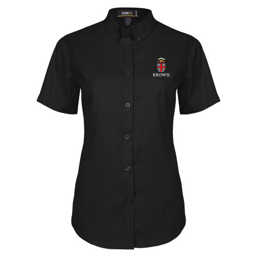  Womens Black Twill Button Up Short Sleeve - Primary University Crest
