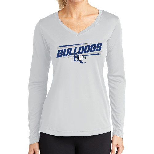  Womens White Performance Long Sleeve V Neck Shirt - Stencil Bulldogs