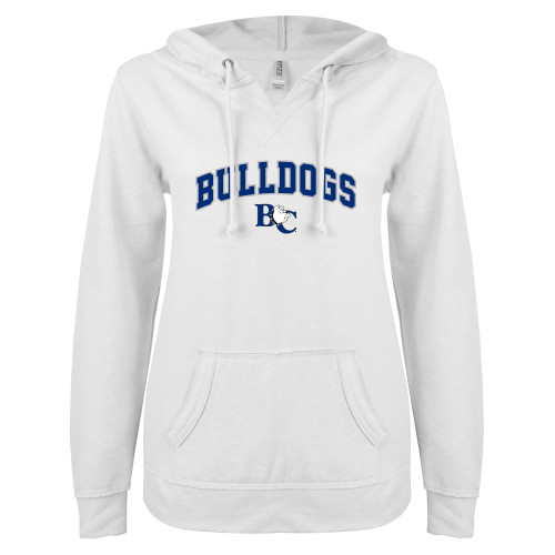  ENZA Womens White V Notch Raw Edge Fleece Hoodie - Arched Bulldogs
