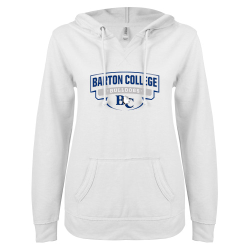  ENZA Womens White V Notch Raw Edge Fleece Hoodie - Barton College Bulldogs