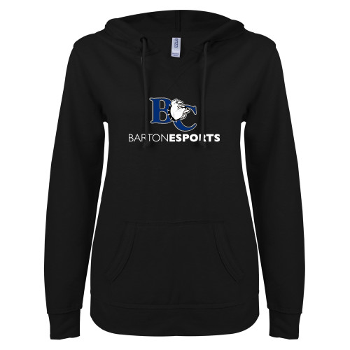  ENZA Womens Black V Notch Raw Edge Fleece Hoodie - ESports