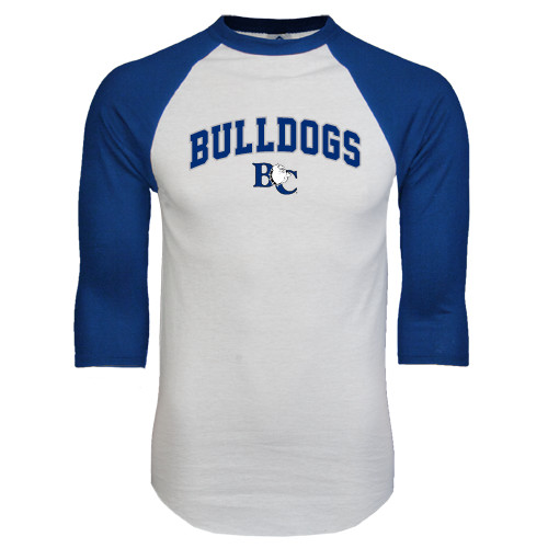  White/Royal Raglan Baseball T Shirt - Arched Bulldogs