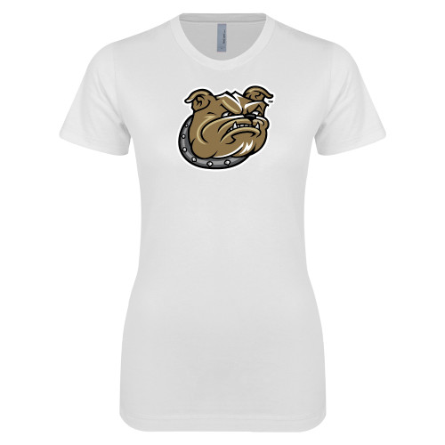  Next Level Womens White Boyfriend Tee - Bulldog Head