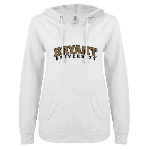  ENZA Womens White V Notch Raw Edge Fleece Hoodie - Arched Bryant University