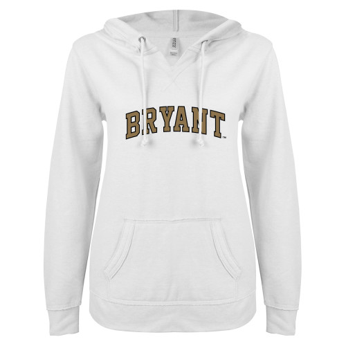  ENZA Womens White V Notch Raw Edge Fleece Hoodie - Arched Bryant