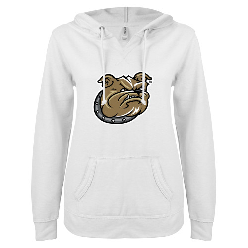  ENZA Womens White V Notch Raw Edge Fleece Hoodie - Bulldog Head