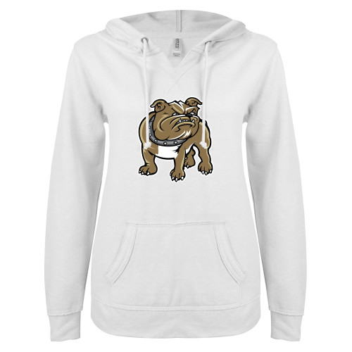  ENZA Womens White V Notch Raw Edge Fleece Hoodie - Bulldog