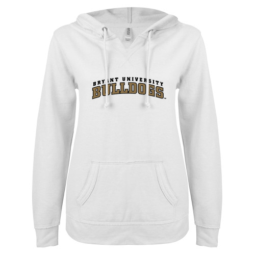  ENZA Womens White V Notch Raw Edge Fleece Hoodie - Arched Bryant University Bulldogs