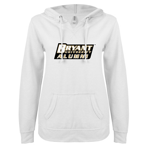  ENZA Womens White V Notch Raw Edge Fleece Hoodie - Alumni