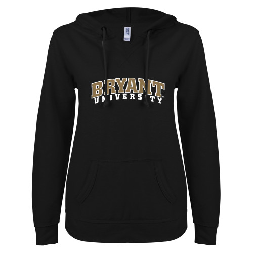 ENZA Womens Black V Notch Raw Edge Fleece Hoodie - Arched Bryant University