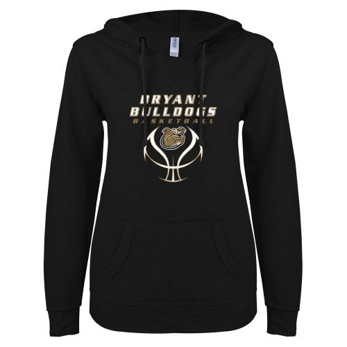  ENZA Womens Black V Notch Raw Edge Fleece Hoodie - Basketball Stacked on Ball