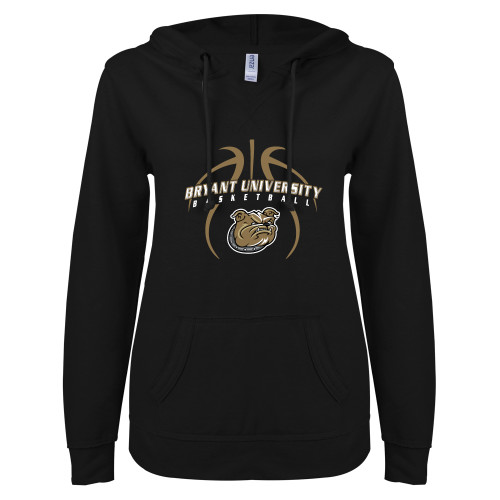  ENZA Womens Black V Notch Raw Edge Fleece Hoodie - Basketball in Ball