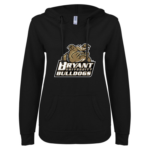  ENZA Womens Black V Notch Raw Edge Fleece Hoodie - Bryant Official Logo