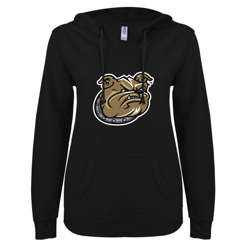  ENZA Womens Black V Notch Raw Edge Fleece Hoodie - Bulldog Head