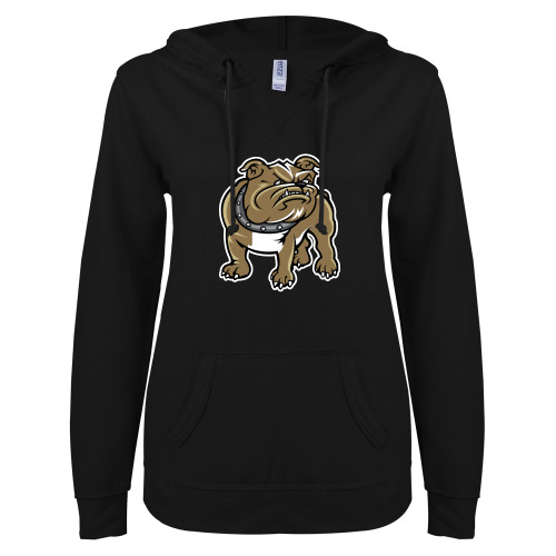  ENZA Womens Black V Notch Raw Edge Fleece Hoodie - Bulldog