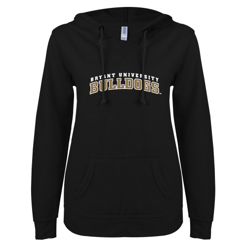  ENZA Womens Black V Notch Raw Edge Fleece Hoodie - Arched Bryant University Bulldogs