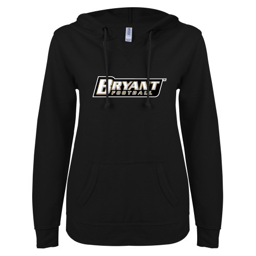  ENZA Womens Black V Notch Raw Edge Fleece Hoodie - Football
