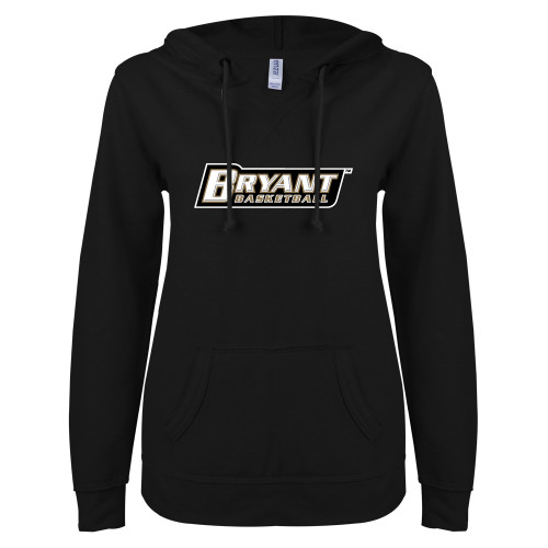  ENZA Womens Black V Notch Raw Edge Fleece Hoodie - Basketball