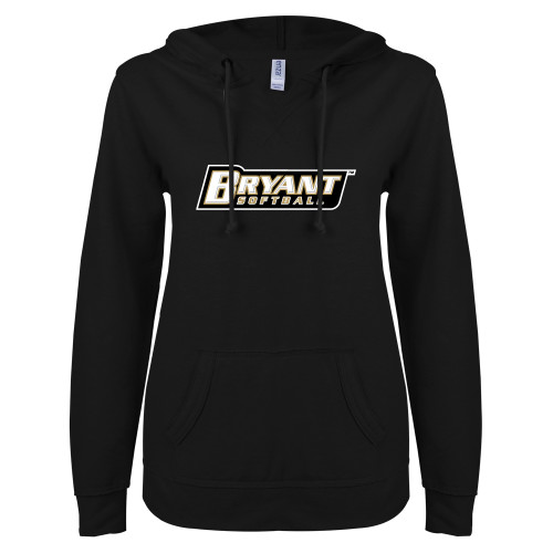  ENZA Womens Black V Notch Raw Edge Fleece Hoodie - Softball