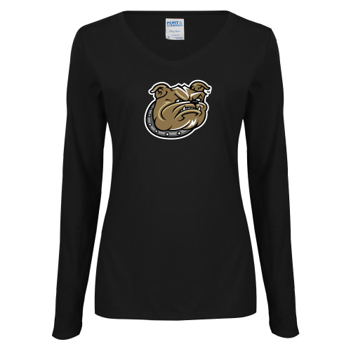  Womens Black Long Sleeve V Neck Tee  - Bulldog Head