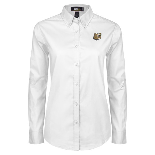  Womens White Twill Button Down Long Sleeve - Bulldog Head