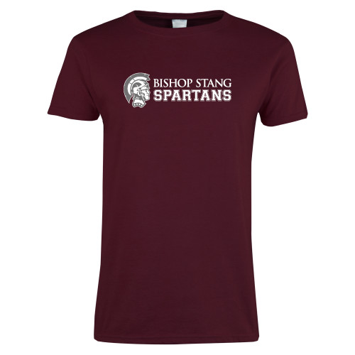  Womens Maroon Short Sleeve Tee - Bishop Stang Spartans w Spartan Head