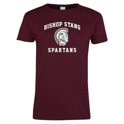  Womens Maroon Short Sleeve Tee - Arched Bishop Stang w Spartan