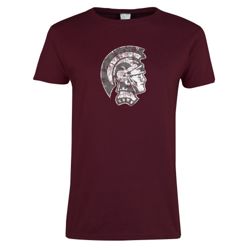  Womens Maroon Short Sleeve Tee - Distressed Spartan