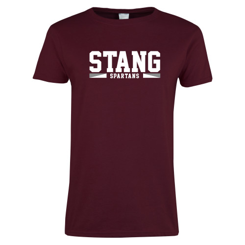  Womens Maroon Short Sleeve Tee - Stang w Two Tone Bar