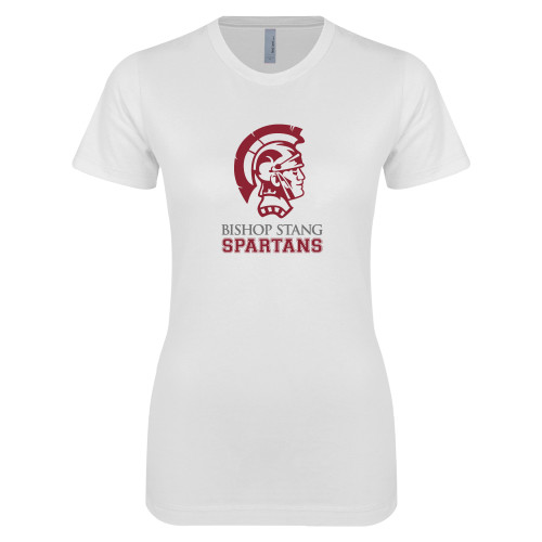  Next Level Womens White Boyfriend Tee - Bishop Stang Spartans w Spartan Head Stacked