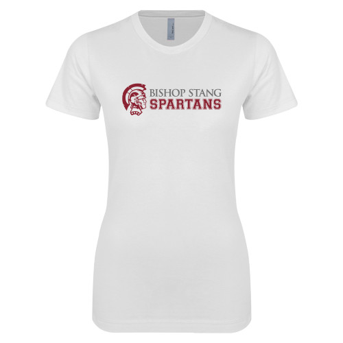  Next Level Womens White Boyfriend Tee - Bishop Stang Spartans w Spartan Head