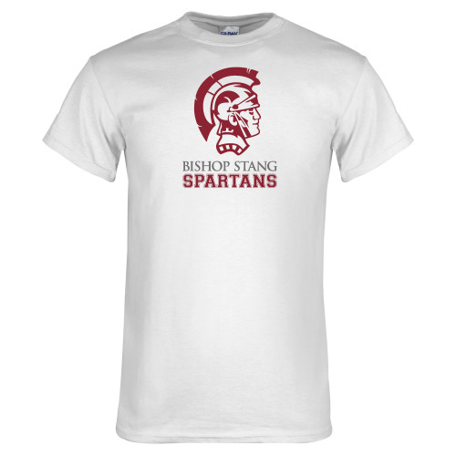  White T Shirt - Bishop Stang Spartans w Spartan Head Stacked
