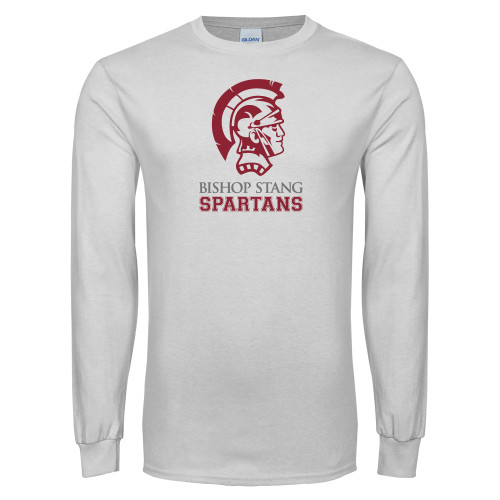  White Long Sleeve T Shirt - Bishop Stang Spartans w Spartan Head Stacked