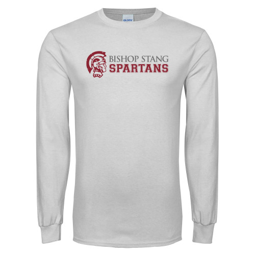  White Long Sleeve T Shirt - Bishop Stang Spartans w Spartan Head