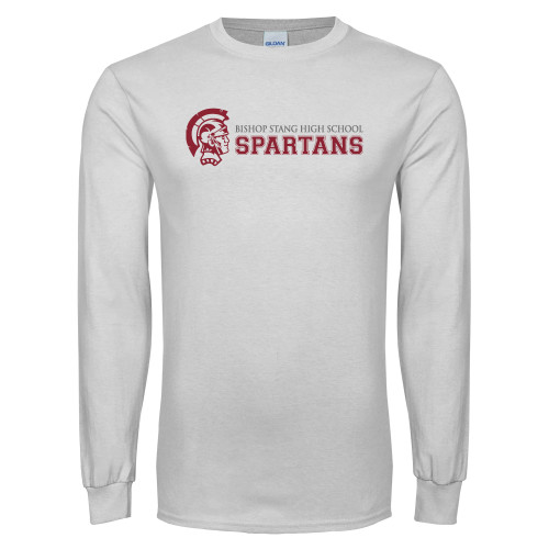  White Long Sleeve T Shirt - Bishop Stang High School Spartans w Spartan Head