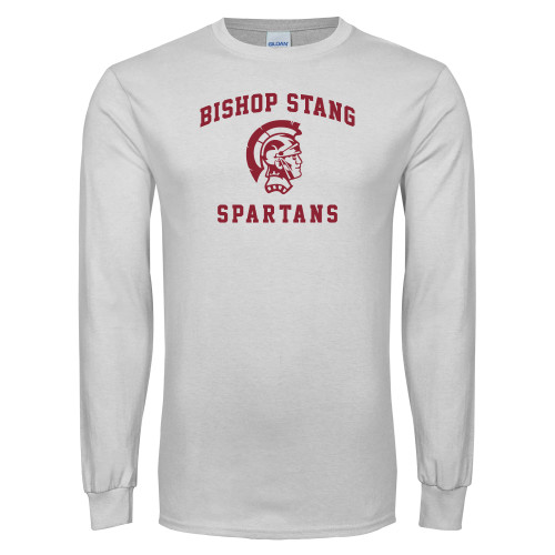  White Long Sleeve T Shirt - Arched Bishop Stang w Spartan