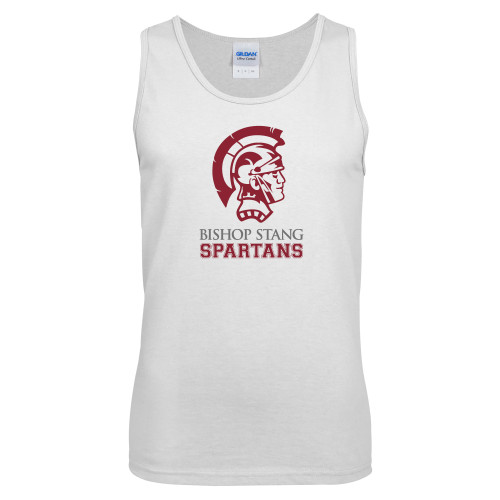  White Tank Top - Bishop Stang Spartans w Spartan Head Stacked
