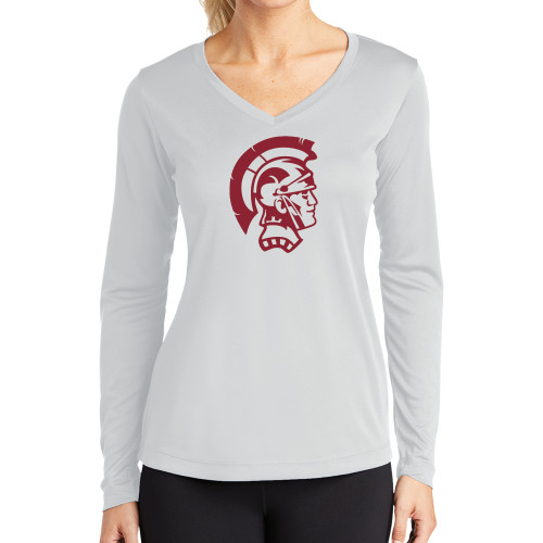 Womens White Performance Long Sleeve V Neck Shirt - Spartan