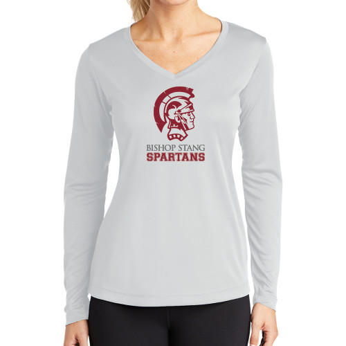  Womens White Performance Long Sleeve V Neck Shirt - Bishop Stang Spartans w Spartan Head Stacked