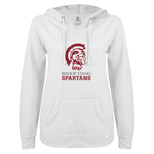  ENZA Womens White V Notch Raw Edge Fleece Hoodie - Bishop Stang Spartans w Spartan Head Stacked