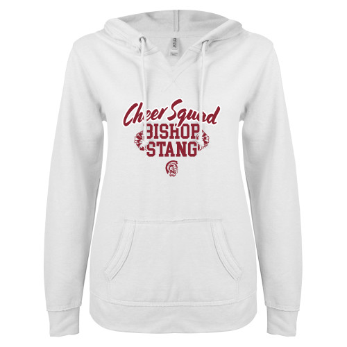  ENZA Womens White V Notch Raw Edge Fleece Hoodie - Bishop Stang - Football Cheer Squad