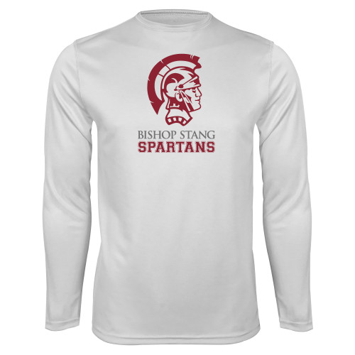  White Performance Long Sleeve Shirt - Bishop Stang Spartans w Spartan Head Stacked